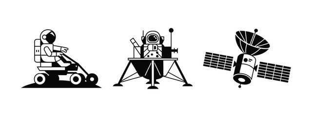Space, mission icons featuring astronaut on lunar rover, moon lander, communication satellite, cosmic journey, exploration, astronomy, and vector illustration. © RIFAT03