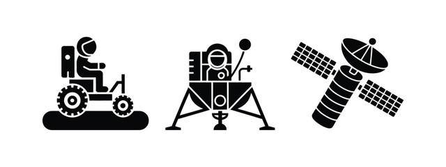 Space, exploration symbols with astronaut driving a lunar rover, lunar lander, communication satellite, cosmic travel, astronomy, and vector graphics. © RIFAT03