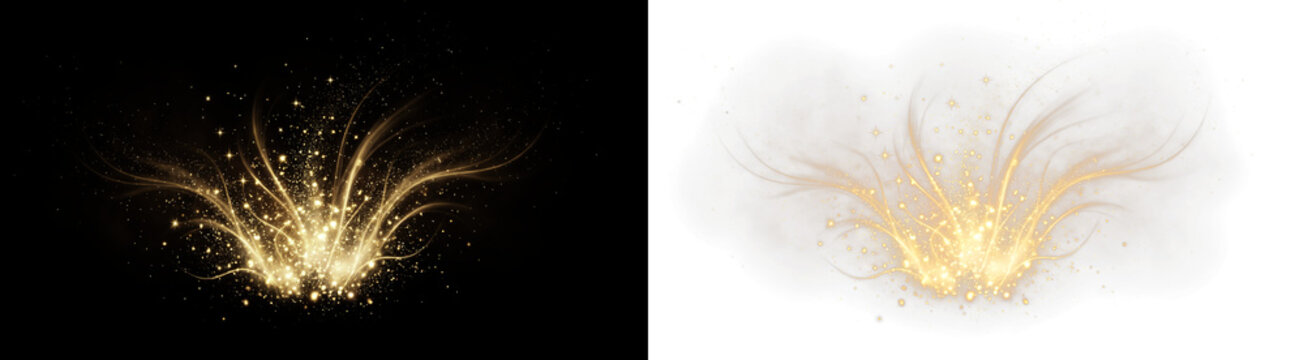 Png golden magic light effect with sparkles and glowing swirl trails isolated on transparent background