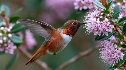 Fototapeta premium colorful hummingbird feeding on pink blossoms representing wildlife nature spring garden and bird photography concept design