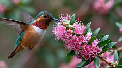 Fototapeta premium colorful hummingbird feeding on pink blossoms representing wildlife nature spring garden and bird photography concept design