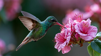 Fototapeta premium beautiful hummingbird hovering near pink flowers feeding on nectar representing wildlife nature beauty spring garden and bird photography concept