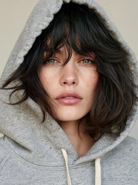 Close-up portrait of a young woman's face. she is wearing a grey hoodie with a hood that covers her head and shoulders. her hair is styled in loose waves with bangs that fall over her shoulders.