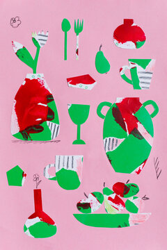 Pattern collage of colorful dishes, flowers, vases and fruits