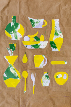 Pattern collage of colorful dishes, flowers, vases and fruits