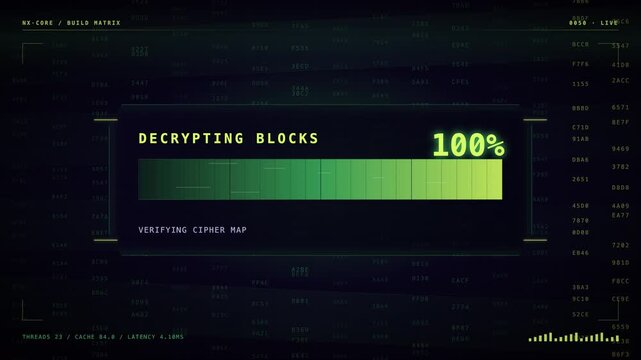 Futuristic digital interface showing data decryption progress with loading bar and hexadecimal code.