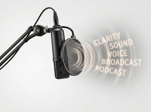 Premium Professional Studio Microphone With Sound Waves Forming Letters And Words. Isolated on a transparent background