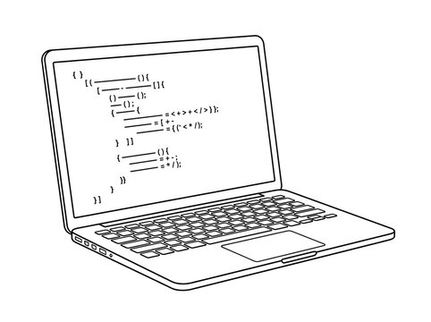 Laptop with Programming Code on Screen Line Art Vector   
