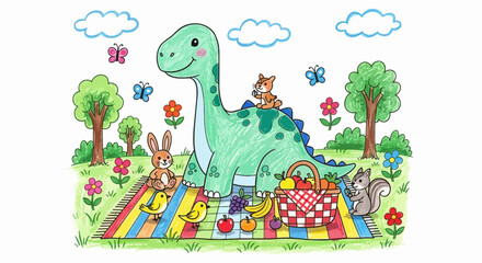 Obraz premium Friendly dinosaur and woodland creatures enjoying a picnic outdoors