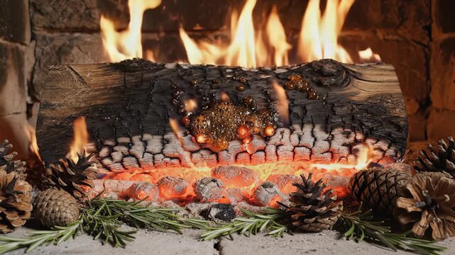 Burning Yule Log Glows in Rustic Fireplace Surrounded by Pinecones Evergreen Branches and Festive Decorations Symbolizing Christmas Warmth Holiday Tradition Cozy Home Comfort Winter Celebration and Se
