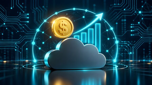 Futuristic cloud computing financial growth concept featuring upward metallic chart and gold dollar coin representing profitable digital economy and secure fintech investment.