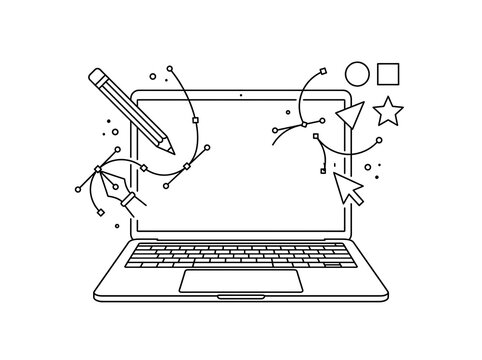 Laptop with graphic design tools pen tool and pencil vector line art   