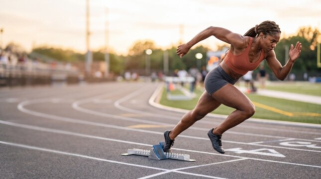 Athletic african american woman sprinting from starting block on outdoor stadium track. Determined female runner accelerating during competitive sports event race training.
