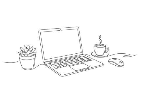 Cozy workspace setup with laptop coffee cup and plant vector line art   