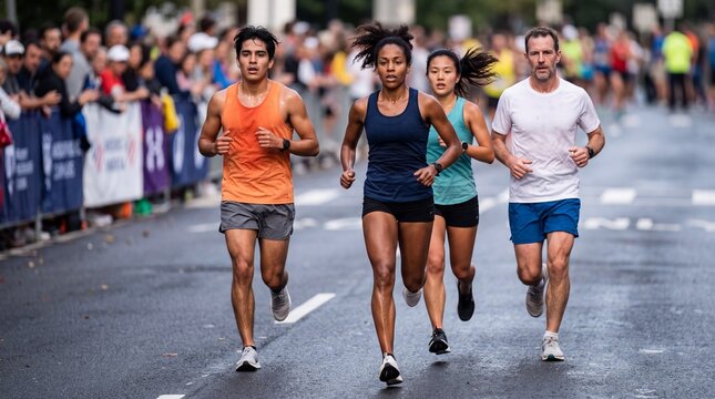 Diverse athletes running together along the city street during an urban road race. Determined runners competing at a sports event while spectators cheer from the sidewalk.