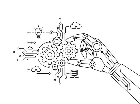 Robot hand adjusting gears with digital circuit technology elements vector line art
