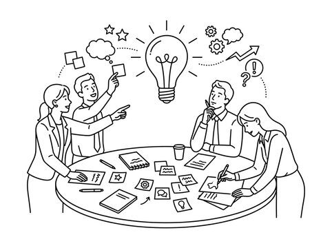 Business people brainstorming ideas with glowing light bulb and strategy planning line art vector illustration