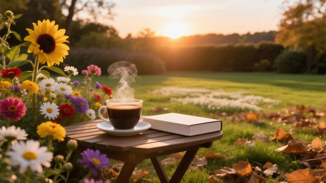 Coffee Book Garden SunsetCoffee cup and book on garden table at sunset, calm leisure lifestyle illustration