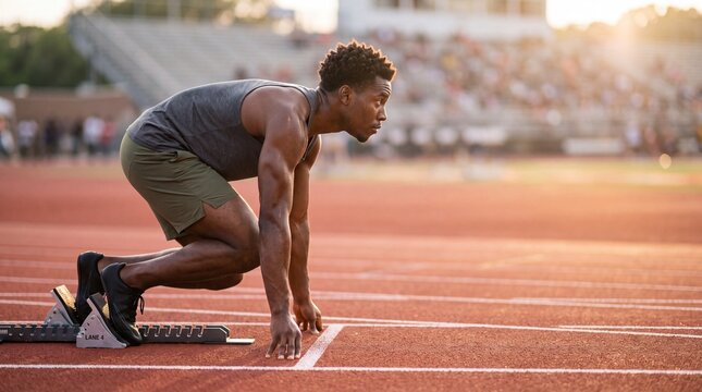 Young african american runner positioned in starting blocks on outdoor red track. Muscular athlete preparing for competitive sprint race during a sports event.