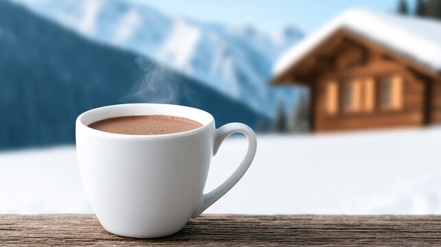 A steaming cup of hot chocolate on a wooden surface with a snowy mountain and a cozy cabin in the blurred background.