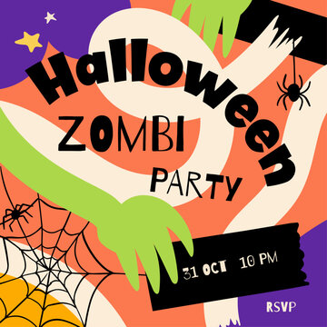 Halloween zombi party square poster, banner, flyer, invitation, playful, modern, concept, flat vector illustration