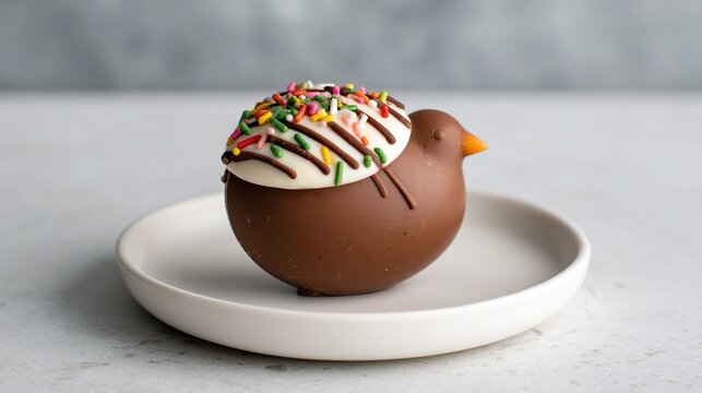 A chocolate bird-shaped dessert with white icing, colorful sprinkles, and chocolate drizzle, presented on a white plate with a neutral background.