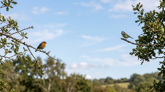 Small orange-breasted bird perched on a thin branch overlooking green countryside and rolling hills under a bright blue sky