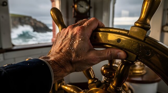 Ship captain firmly holds the wooden helm steering a vessel through stormy seas near a rocky coastline.