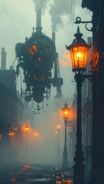 Steampunk street scene with glowing lanterns and machinery