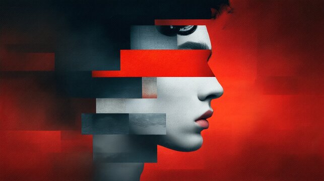A fragmented digital portrait of a human face in profile, blending abstract geometric shapes with a red and dark blue color palette.