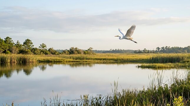 White egret flying low over a calm marsh wetland with green grasses and soft morning light