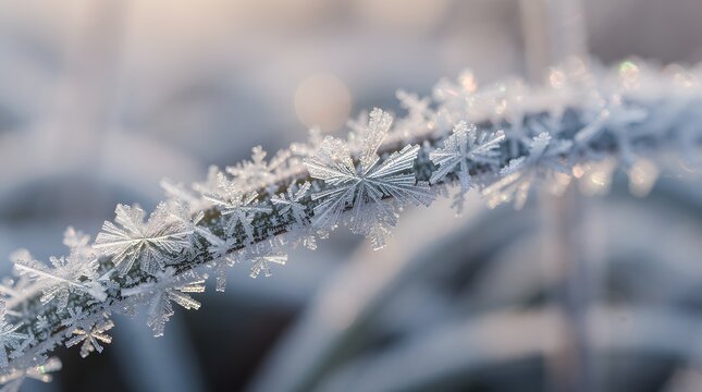 Frost crystals forming delicate snowflake patterns on a frozen plant stem during a cold winter morning.