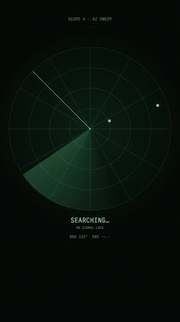 Green radar signal sweep on a dark screen with searching text and target blips.