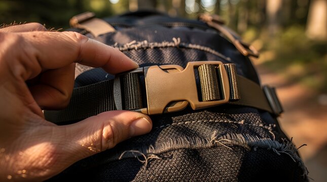 Hands adjusting the durable plastic buckle strap on a hiking backpack during an outdoor trekking adventure in the forest.