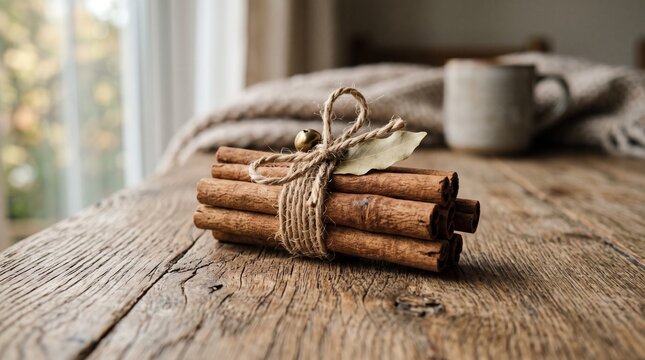 Bundle of Cinnamon Sticks Tied with Twine and Decorated with Bay Leaf and Bell PNG Isolated on transparent background