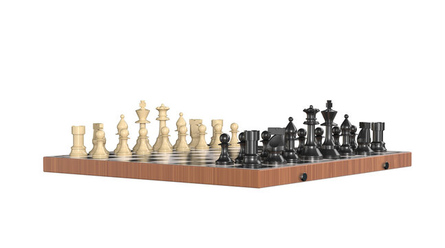 Chess pieces on the board in the starting position. Isolated. Transparent background. 3D Rendering.	