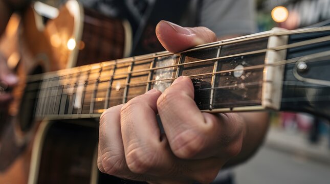 Musician playing an acoustic guitar outdoors with fingers pressing chords on the fretboard.