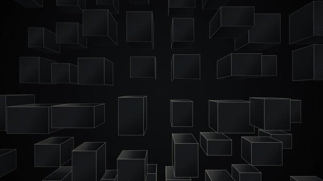 Abstract 3D wireframe cubes floating in dark virtual space video video