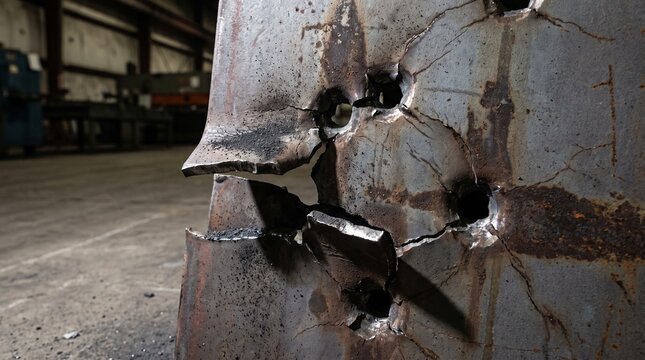Bullet holes in steel wall, industrial damage and metal deformation