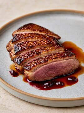 Plate with a sliced piece of meat on it. the meat appears to be a roast beef, with a pink center and a dark brown crust on top.