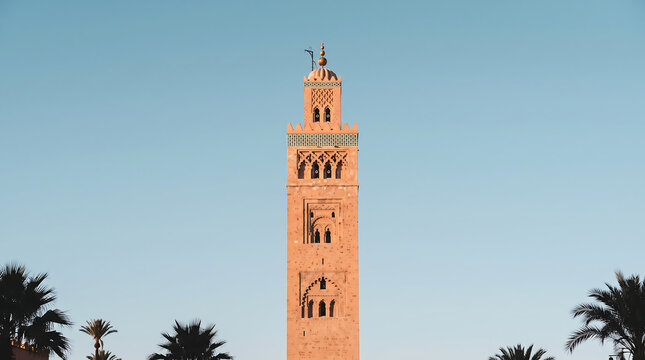 Koutoubia Mosque Minaret at Sunset, Historic Islamic Architecture in Marrakech, Morocco