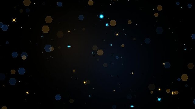 Abstract background with floating glowing golden and blue hexagons