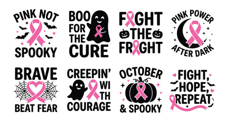 Fototapeta premium A collection of inspirational breast cancer awareness vector designs featuring spooky halloween themes and motivational quotes for shirts and holiday projects