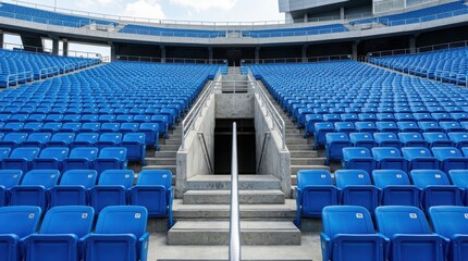 Fototapeta premium Empty Blue Seats in a Large Modern Sports Stadium Arena with Concrete Stairs and Central Entrance Tunnel