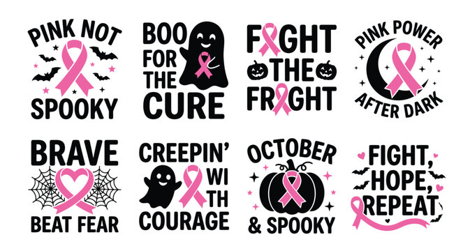 A collection of inspirational breast cancer awareness vector designs featuring spooky halloween themes and motivational quotes for shirts and holiday projects