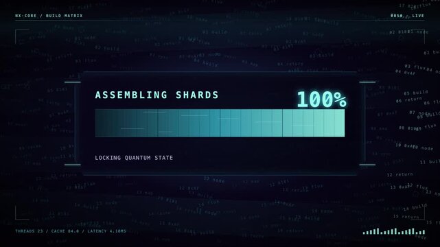 Futuristic quantum computing interface showing progress bar for assembling shards and locking quantum state.