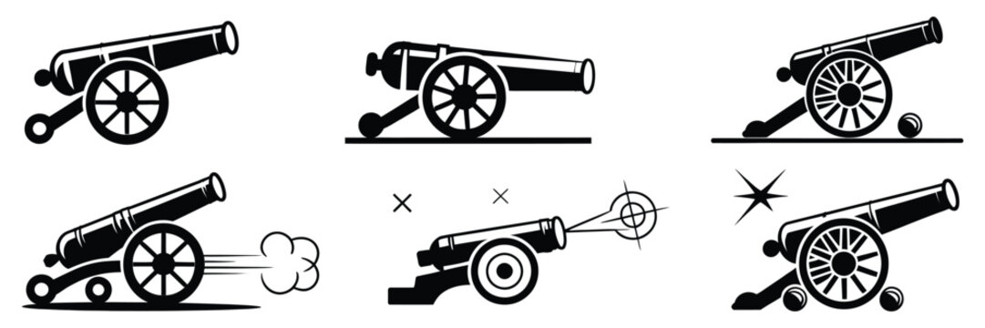 Vintage, artillery cannon icons for historical military themes, war game graphics, battlefield equipment, armed forces, strategy, and vector illustration.