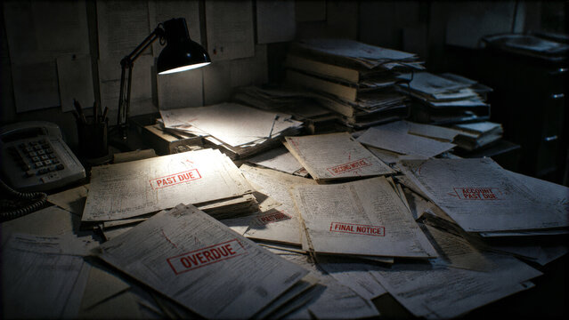 Desk covered with overdue bills and financial documents under a lamp, showing debt, unpaid accounts, financial stress, late payments, and money problems