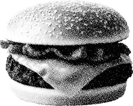Halftone stipple cheeseburger in retro grunge style with transparent dotted texture