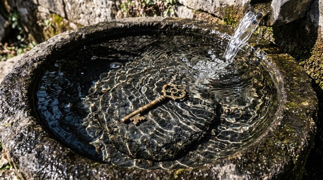 Old metal key resting inside a stone water basin with flowing water.